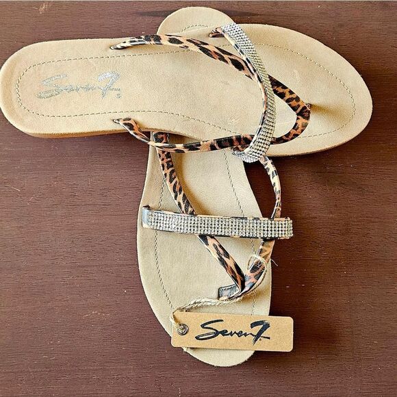 SEVEN7 Women's New In Bag Cheetah Rhinestone Faux Leather Thong/Sandal - Picture 10 of 16